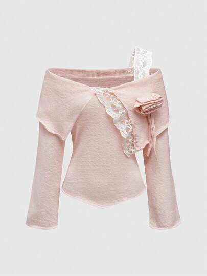 Kawaii Women's Y2K Retro Style Off Shoulder Collared Contrast Lace Rose Flower Knit Top