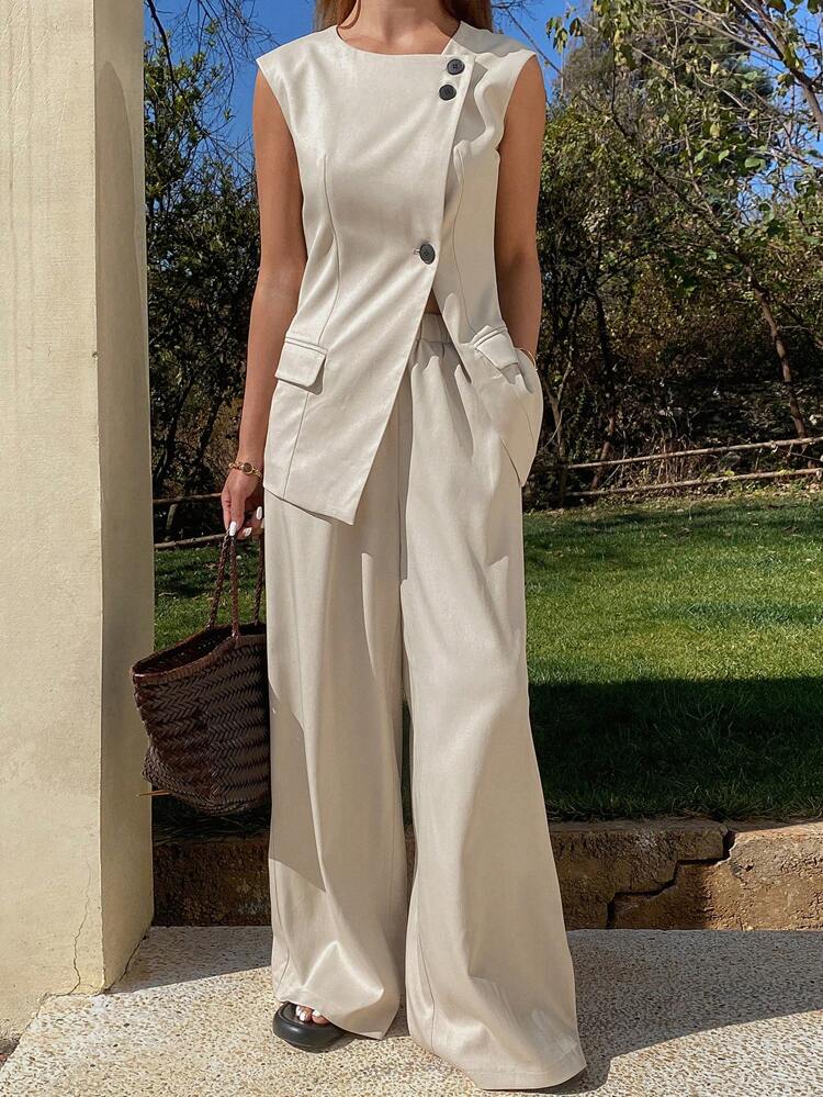 2pcs/Set Women Round Neck Short Sleeve Vest And Pants