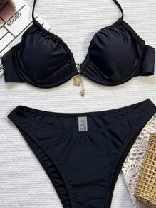 Swim SXY Women's 2pcs Set Black Steel Supported Ruched Sexy Bikini Swimwear, For Summer Beach Vacation - Black - View 3