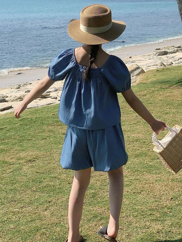 2pcs Tween Girl Vacation Casual Solid Color Puff Sleeve Top & Shorts Set,Girls Summer Outfits,Back To School Clothes