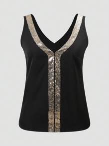 Women's Solid Color Patchwork V-Neck Sleeveless Simple Casual Blouse - Black - View 6