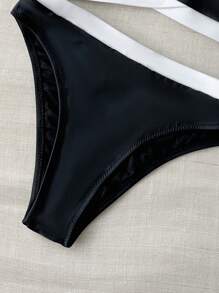 SHEIN Swim 2 Pieces Black & White Top & High Waisted Bottom Elegant Bikini Set, Spring Break, For Summer Beach Vacation - Black and White - View 4