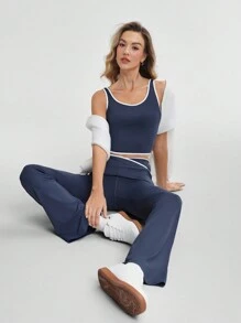 Activina Women Contrast Color Trimmed Sleeveless Top And Flare Pants Sports Suitwomen Workout Set - Blue - View 2