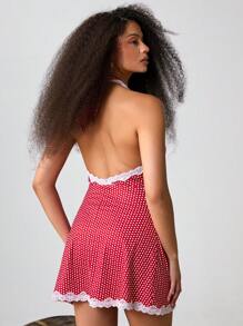 Athîral 女士圆点蕾丝边露背挂脖迷你连衣裙 - 紅色 - 查看 2