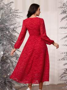 Modelyn 女士优雅编织提花面料方领拼接银色丝带前水钻装饰修身长裙 - 紅色 - 查看 7