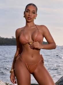 SHEIN X Sofía Suescun SHEIN Swim Women's Solid Color Side Tie Bikini Bottom, Springbreak Summer Festival Boho - Rust Brown - View 4