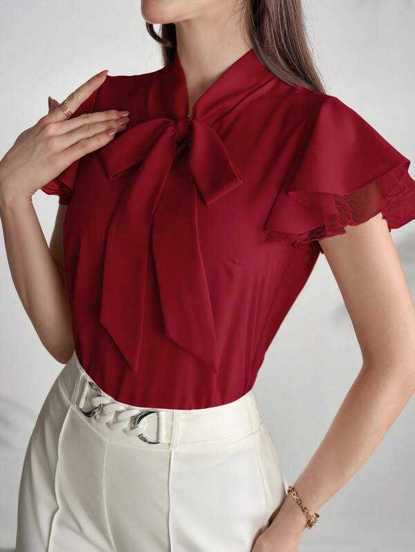 Modelyn Women's Solid Color Ruffled Tie Collar Short Sleeve Elegant Blouse