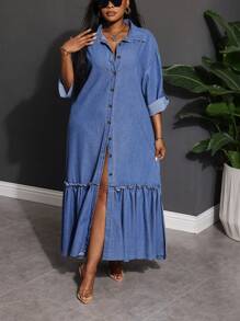SHEIN Lady Plus Size Damska Sukienka Jeansowa Długi Rękaw Luźna Niebieska Sukienka Koszulowa Sukienka Z Rozcięciem z Boku Sukienka Z Falbanką Sukienka Plus Długość Stroje Letnie Dla Kobiet Stroje Wakacyjne Damskie Romantyczne Sukienki Letnie Sukienki Dla Kobiet Sukienki Wiosenne Dla Kobiet Stroje Cowgirl Dla Kobiet Stroje Boho Rave Festiwal