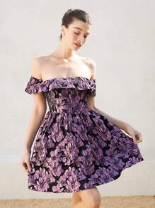 SHEIN Unity 欧美风格奢华高端优雅女士纹理露肩褶皱 A 字迷你连衣裙波西米亚风度假时尚风格全身印花花卉印花夏季 - 彩色 - 查看 1