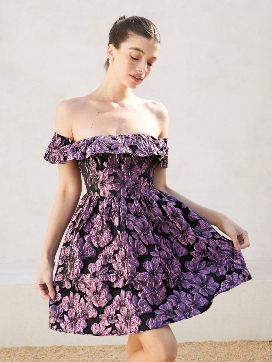 SHEIN Unity 欧美风格奢华高端优雅女士纹理露肩褶皱 A 字迷你连衣裙波西米亚风度假时尚风格全身印花花卉印花夏季 - 彩色 - 查看 1