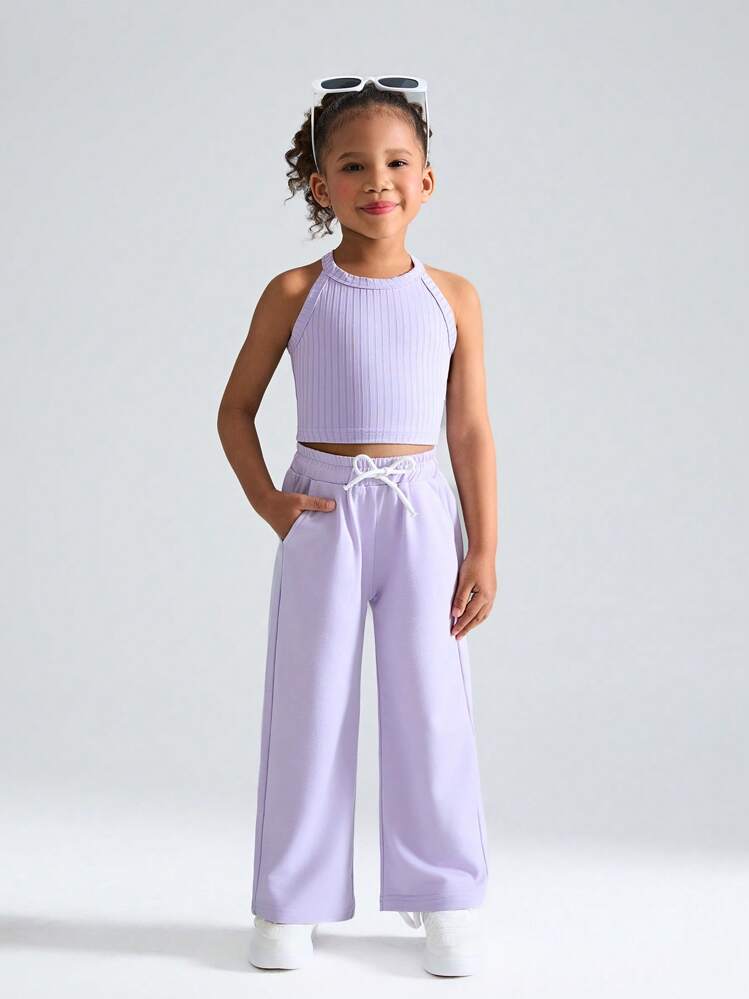 Young Girls Casual Sports Set, Solid Color Stretchy Crew Neck Tank Top + Loose Elastic Waist Wide Leg Sweatpants, Comfortable Sports Outfit For Summer Casual Wear And Daily Use - Mauve Purple - View 1