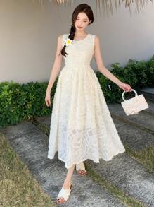 DAZY Abito midi senza maniche con texture, abito estivo casual, vestiti da donna - Beige - Visualizzare 6