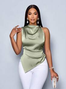 SOLERSUN Women's Fashionable Solid Color Ruched Cowl Sleeveless Asymmetrical Hem Satin Blouse