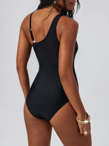 SHEIN Swim Women's Black Sexy Bodycon Elegant Athletic One-Piece Swimsuit Beachwear For Summer Beach Vacation