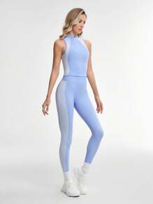 Lifespree Women Solid Color Splice Simple Fitted Seamless High Elastic Yoga Set