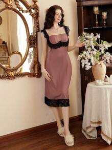 Côtesoire Lace Ruffle Hem Bow Decor Women's Nightgown Babydoll Holiday Season - Dusty Pink - View 5