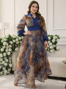 Modelyn High-End Fashion Elegant Printed Patchwork Satin Waistline Flared Hem Dress - Multicolor - View 4