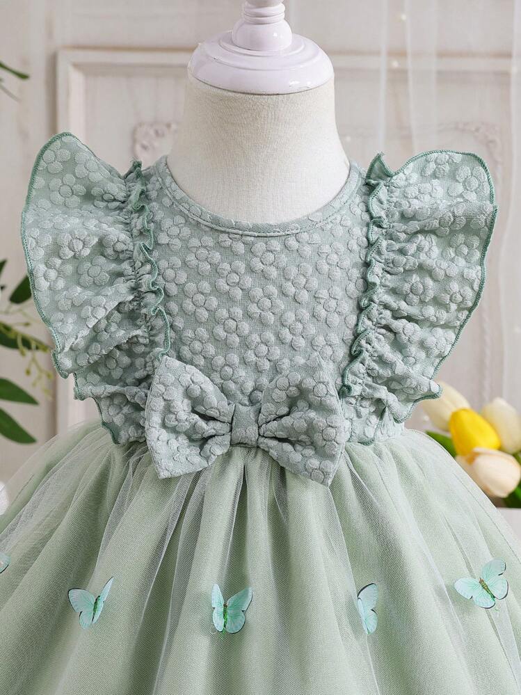 SHEIN Glamorique Kids فستان أنيق للبنات الرضع مزين بفيونكة وشبكة مكسرة، فستان أميرة للبنات الرضع، فستان دمية، صيفي - أخضر - مشاهدة 7