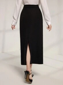 Modelyn 女士优雅法式贵族风格紧身百搭修身别致珍珠饰边荷叶边下摆半身裙 - 黑色 - 查看 2