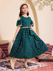 Váy chữ A hở vai chấm bi cổ tròn thanh lịch cho bé gái tuổi mới lớn, tay ngắn, thêu viền bèo nhún, thích hợp cho mùa xuân hè, ngày lễ, mùa hè, du lịch - Màu xanh lá cây đậm - Xem 6