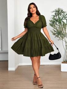 Vionelle Plus Size V-Neck Chiffon Puff Sleeve Ruched Dress - Army Green - View 6