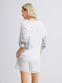 Miaspire 2 sztuki/zestaw Koszula damska z nadrukiem kwiatowym, dekoltem w serek, rękawami typu latarnia i szortami, swobodny strój - Czarne i Białe - Zobacz 2