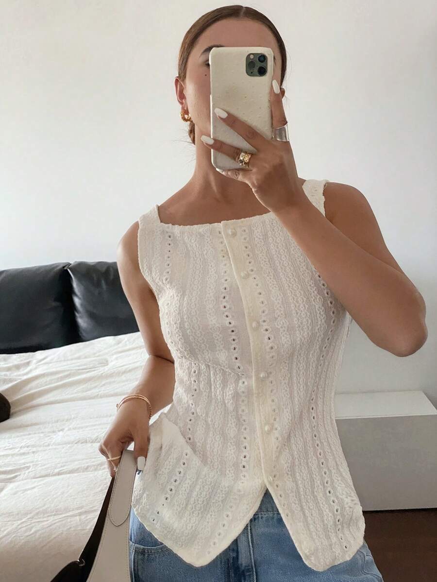 Siren Gaze Women's Elegant Casual Minimalana Solid Color Embroidered Front Button Sleeveless Blouse, Summer Spring Outfits,Button Up Shirt Women,Women's Sleeveless Streaks Textured Single-Breasted Casual Shirt,Streaks Texture And Micro-Stretch Fabric,Women Slim Fit Tank Top Shirt ,Elegant And Fashionable For Commuting, Simple Fashion Casual Everyday Cami Top, Spring/Summer, Sleeveless Top,Old Money Blouses,Western Wear Women - Apricot - View 1