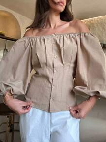 Cottnline 女士露肩灯笼袖纯色衬衫