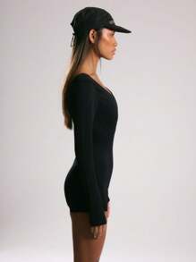 Musera Sport Ribbed Seamless Scoop Neck Long Sleeve Fitted Playsuit ,Padel, Tennis, Pickleball Gym Fitness - Black - View 2