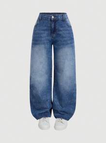 SHEIN MOD 플러스 사이즈 저웨스트 루즈 와이드 레그 블루 청바지, 스택드 여성 청바지, 여성 엄마 청바지, 빈티지 부츠컷 여성 청바지 - 미디엄 워시 - 보기 1