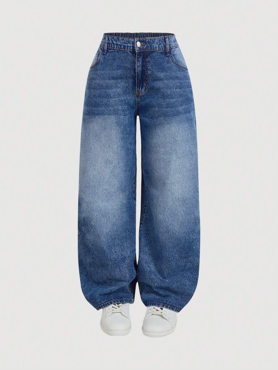 SHEIN MOD 플러스 사이즈 저웨스트 루즈 와이드 레그 블루 청바지, 스택드 여성 청바지, 여성 엄마 청바지, 빈티지 부츠컷 여성 청바지 - 미디엄 워시 - 보기 1