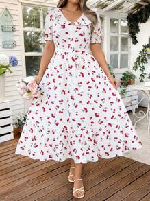 Sunnyshic Plus Size Women's Sweet Fashion Cherry Print Ruffle Collar Puff Sleeve A-Line Long Dress, Spring/Summer Easter Wear - Red and White - View 1