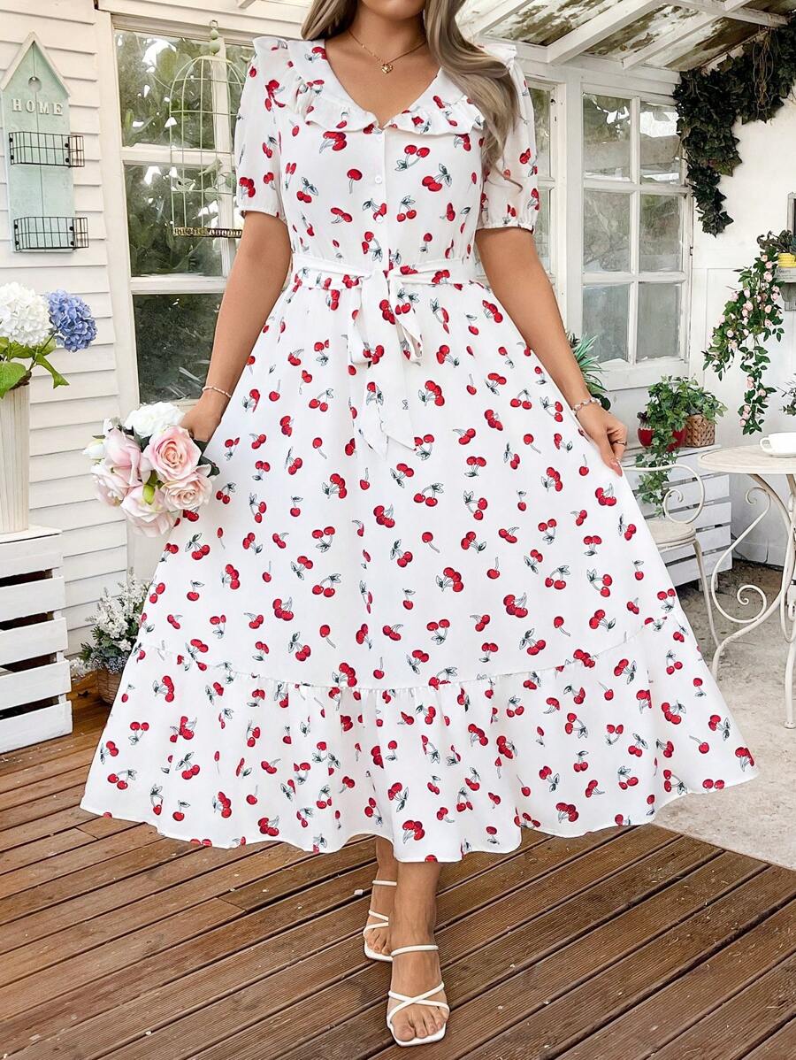 Sunnyshic Plus Size Women's Sweet Fashion Cherry Print Ruffle Collar Puff Sleeve A-Line Long Dress, Spring/Summer Easter Wear - Red and White - View 1