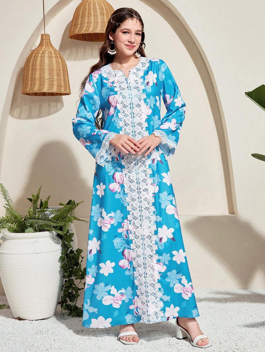 SHEIN 少女花卉印花连衣裙，蕾丝下摆，宽松版型，度假风格 - 藍色 - 查看 1