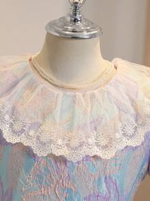 Tween 女童优雅泡泡袖高腰中长款提花面料蕾丝花边领花朵 Tween 女童连衣裙，适合夏季婚礼 - 淡紫色 - 查看 7