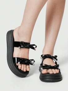ROMWE Goth Women's Summer Peep-Toe Roman Beach Sandals, Bow Decor Sweet Slip-On Slippers, Student Vacation Shoes, Ladies Wedge Platform Sandals Spring Shoes Spring Break Easter - Black - View 2