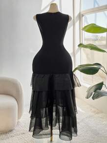 Flirla Plus Size Chiffon Sexy Round Neck Sleeveless Ruffle Hem Fish Tail Dress Elegant Exquisite - Black - View 2