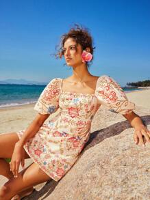 Travachic Woven Printed Spaghetti Strap Women Mini Dress,Cream Summer Boho Flowy Holiday Vacation Holiday,Spring Beach Outfits,Concert Rave Tropical Western - Blue and White - View 5