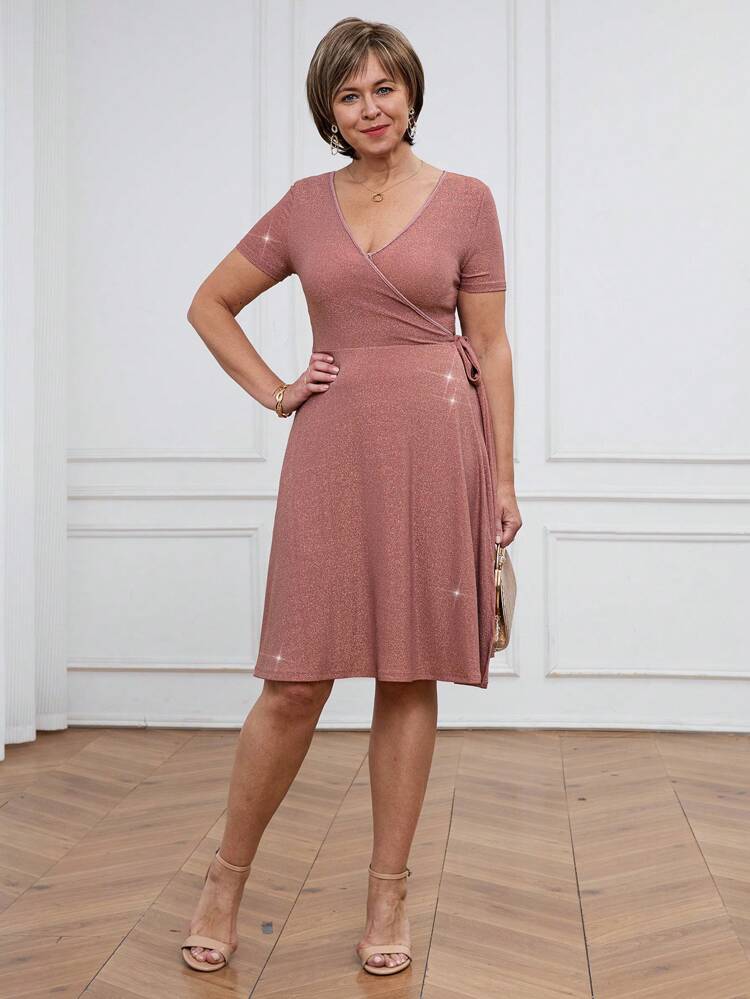 Women's Elegant V-Neck Wrap Style Sequin Short Sleeve Pink Mini Dress, Suitable For Party, Gathering