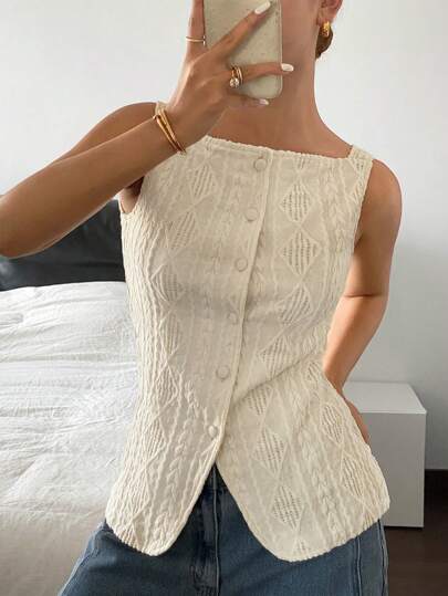 Siren Gaze Camisa informal sin mangas de mujer con textura geométrica y abotonadura sencilla