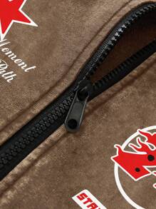 Manfinity Roghcode 男士休闲水洗标语印花拉链连帽衫，秋冬款 - 咖啡棕 - 查看 4