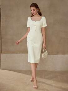 MOTF PREMIUM RHINESTONE BEADED BUTTON DECOR DRESS - Apricot - View 1