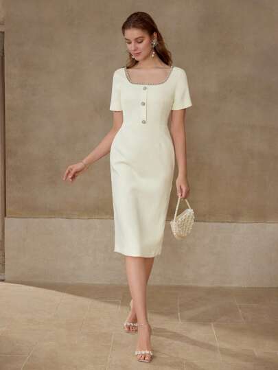 MOTF PREMIUM RHINESTONE BEADED BUTTON DECOR DRESS