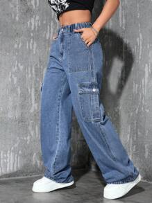 SHEIN PETITE Women's Casual Washed Straight-Leg Cargo Jeans