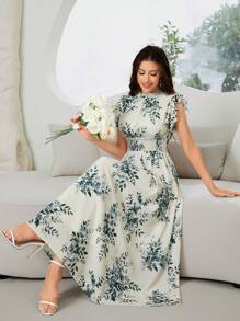 Modelyn 女式花卉印花盖袖抽绳腰阿拉伯风格连衣裙