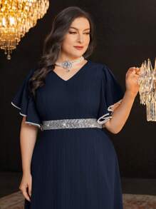 Modelyn 大码女式亮片拼布荷叶边短袖优雅连衣裙 - 藏蓝色 - 查看 3