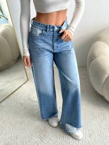 EURMUSE WIDE LEG HIGH WAIST JEANS Simple Fashion Daily Casual - Light Wash - View 5