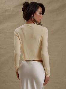 MUSERA Cropped Crew Neck Button Down Long Sleeve Fitted Tee Butter Yellow Airport Holiday Cute Fall Back To School Autumn Winter Christmas,Elegant