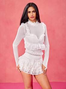 Reminiscence Studio Body de manga larga con cuello alto, con transparencias de malla blanca, adornos de encaje y volantes, con ojales para los dedos, diseño Y2K, para festivales y raves, conjunto de dos piezas para mujer, ropa de mujer en tallas petite - Blanco - Ver 6
