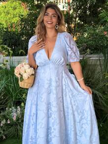 Flirla Plus Size Elegant Deep V-Neck Jacquard Puff Sleeve Knit Dress - Blue - View 1